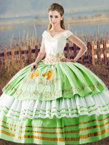 Pretty V-neck Sleeveless Satin Quinceanera Gowns Embroidery and Ruffled Layers Lace Up