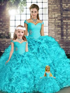 Aqua Blue Quinceanera Dress Military Ball and Sweet 16 and Quinceanera with Beading and Ruffles Off The Shoulder Sleeveless Lace Up
