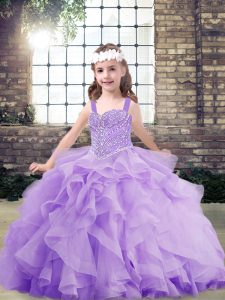 Hot Selling Lavender Ball Gowns Beading and Ruffles Pageant Gowns For Girls Lace Up Organza Sleeveless Floor Length