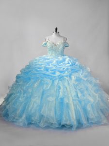 Baby Blue Quince Ball Gowns Organza Brush Train Sleeveless Beading and Ruffles and Pick Ups