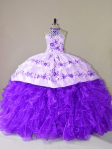 Purple Lace Up Sweet 16 Quinceanera Dress Embroidery and Ruffles Sleeveless Court Train