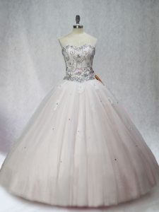 Sophisticated White Ball Gowns Sweetheart Sleeveless Tulle Floor Length Lace Up Beading Vestidos de Quinceanera