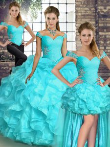 Pretty Sleeveless Floor Length Beading and Ruffles Lace Up Quince Ball Gowns with Aqua Blue