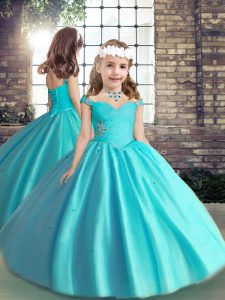 Straps Sleeveless Little Girls Pageant Dress Wholesale Floor Length Beading and Ruching Baby Blue Tulle