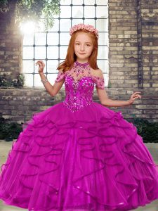 Perfect Tulle High-neck Sleeveless Lace Up Beading and Ruffles Little Girls Pageant Dress Wholesale in Fuchsia