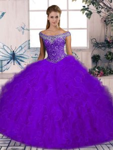 Low Price Sleeveless Beading and Ruffles Lace Up 15 Quinceanera Dress with Purple Brush Train