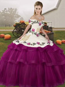 Fuchsia Lace Up Sweet 16 Dress Embroidery and Ruffled Layers Sleeveless Brush Train