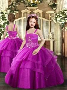 Fuchsia Ball Gowns Beading and Ruching Kids Pageant Dress Lace Up Tulle Sleeveless Floor Length