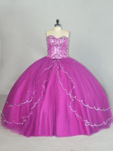 Lovely Fuchsia Lace Up Sweetheart Beading and Sequins 15 Quinceanera Dress Tulle Sleeveless Brush Train