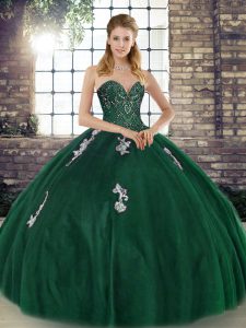Chic Green Tulle Lace Up 15 Quinceanera Dress Sleeveless Floor Length Beading and Appliques