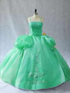Charming Sleeveless Organza Floor Length Lace Up 15 Quinceanera Dress in Green with Appliques