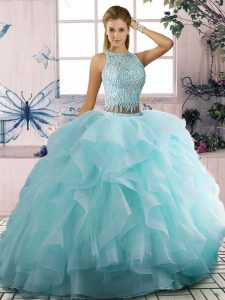 Smart Sleeveless Floor Length Beading and Ruffles Zipper 15th Birthday Dress with Aqua Blue