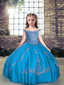 Sleeveless Floor Length Beading and Appliques Lace Up Kids Formal Wear with Aqua Blue