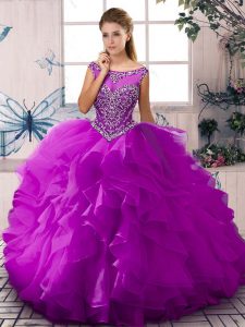 Luxury Sleeveless Floor Length Beading and Ruffles Zipper Quinceanera Dress with Purple