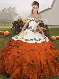 Customized Off The Shoulder Sleeveless Quinceanera Dresses Floor Length Embroidery and Ruffles Rust Red Organza