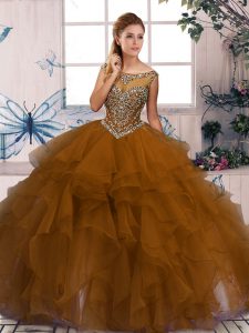 Sleeveless Organza Floor Length Zipper Quinceanera Gowns in Brown with Beading and Ruffles