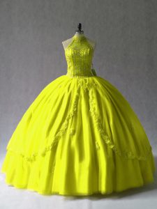Glittering Tulle Halter Top Sleeveless Lace Up Appliques Quinceanera Dresses in Yellow Green