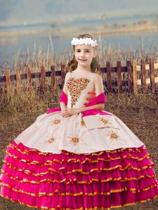 Elegant Fuchsia Organza Lace Up Kids Pageant Dress Sleeveless Floor Length Beading and Embroidery and Ruffled Layers