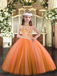 Orange Ball Gowns Tulle Halter Top Sleeveless Appliques Floor Length Lace Up Kids Formal Wear