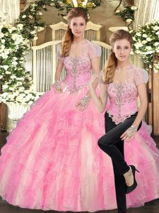 Baby Pink Sleeveless Tulle Lace Up Ball Gown Prom Dress for Sweet 16 and Quinceanera
