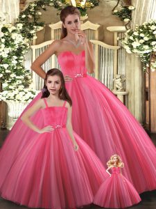 High End Ball Gowns Quinceanera Gown Coral Red Sweetheart Tulle Sleeveless Floor Length Lace Up