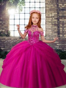 Tulle Scoop Sleeveless Lace Up Beading Little Girls Pageant Dress in Fuchsia