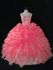 Fancy Baby Pink Straps Zipper Beading and Ruffles and Pick Ups Ball Gown Prom Dress Sleeveless