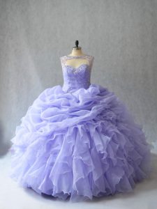 High Class Brush Train Ball Gowns Quinceanera Dresses Lavender Scoop Organza Sleeveless Lace Up