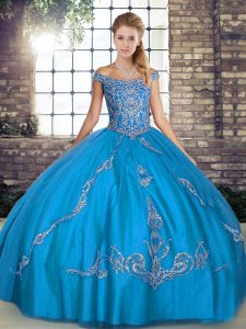 Artistic Tulle Off The Shoulder Sleeveless Lace Up Beading and Embroidery Sweet 16 Dresses in Blue