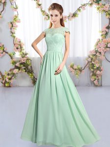 Best Apple Green Empire Chiffon Scoop Cap Sleeves Lace Floor Length Clasp Handle Damas Dress