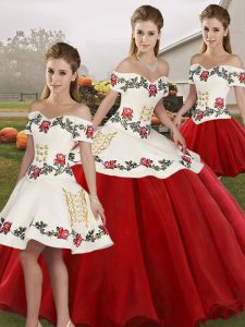 Wonderful White And Red Organza Lace Up 15 Quinceanera Dress Sleeveless Floor Length Embroidery