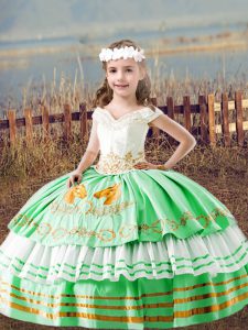 Green Off The Shoulder Lace Up Embroidery Kids Formal Wear Sleeveless