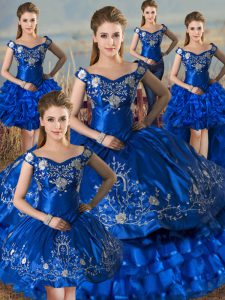 Custom Fit Ball Gowns 15 Quinceanera Dress Royal Blue Off The Shoulder Satin Sleeveless Floor Length Lace Up