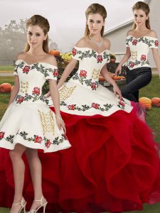 White And Red Sleeveless Embroidery and Ruffles Floor Length Quince Ball Gowns