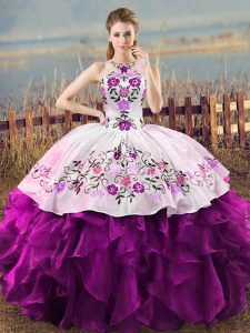 Traditional White And Purple Lace Up Sweet 16 Dresses Embroidery and Ruffles Sleeveless Floor Length
