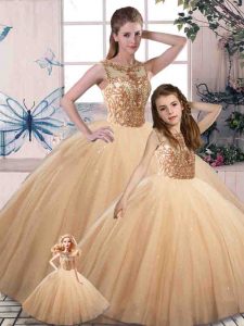 Affordable Gold Sleeveless Beading Floor Length Sweet 16 Quinceanera Dress
