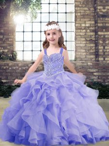 Lavender Straps Neckline Beading and Ruffles Pageant Dress for Girls Sleeveless Lace Up