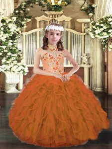 Orange Strapless Lace Up Appliques and Ruffles Little Girl Pageant Gowns Sleeveless