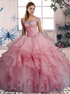 Customized Watermelon Red Organza Lace Up Off The Shoulder Sleeveless Floor Length Sweet 16 Quinceanera Dress Beading and Ruffles