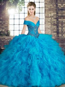 Vintage Blue Lace Up Off The Shoulder Beading and Ruffles Quinceanera Dresses Tulle Sleeveless