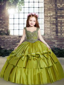 Olive Green Ball Gowns Taffeta Straps Sleeveless Beading Floor Length Lace Up Little Girl Pageant Dress