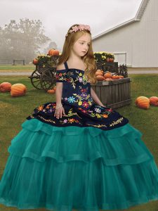 Sleeveless Floor Length Embroidery and Ruffled Layers Lace Up Little Girls Pageant Dress Wholesale with Teal