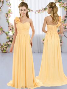Dramatic One Shoulder Sleeveless Chiffon Court Dresses for Sweet 16 Hand Made Flower Brush Train Lace Up