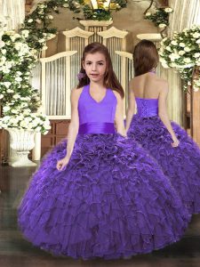 Superior Purple Winning Pageant Gowns Party and Sweet 16 and Wedding Party with Ruffles Halter Top Sleeveless Lace Up