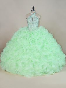 Enchanting Apple Green Vestidos de Quinceanera Fabric With Rolling Flowers Sleeveless Beading and Ruffles