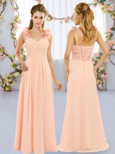 High Class Peach Empire Straps Sleeveless Chiffon Floor Length Lace Up Hand Made Flower Quinceanera Dama Dress
