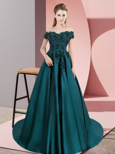 Excellent Teal Ball Gowns Off The Shoulder Sleeveless Satin Floor Length Court Train Zipper Lace Quinceanera Dresses