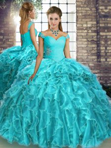 Beautiful Aqua Blue Vestidos de Quinceanera Military Ball and Sweet 16 and Quinceanera with Beading and Ruffles Off The Shoulder Sleeveless Brush Train Lace Up
