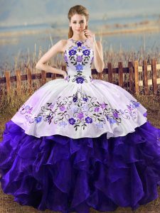 Fashion White And Purple Sleeveless Embroidery and Ruffles Floor Length Sweet 16 Dresses
