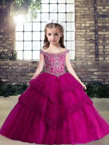 Latest Floor Length Lace Up Little Girl Pageant Gowns Fuchsia for Party and Wedding Party with Beading and Lace and Appliques